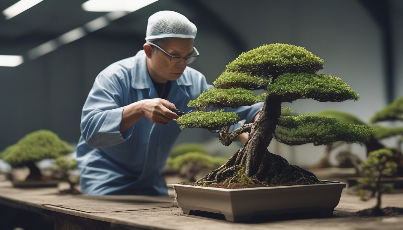植物検疫を段階的に通過していく盆栽輸出のプロセスを象徴する深緑の抽象アート