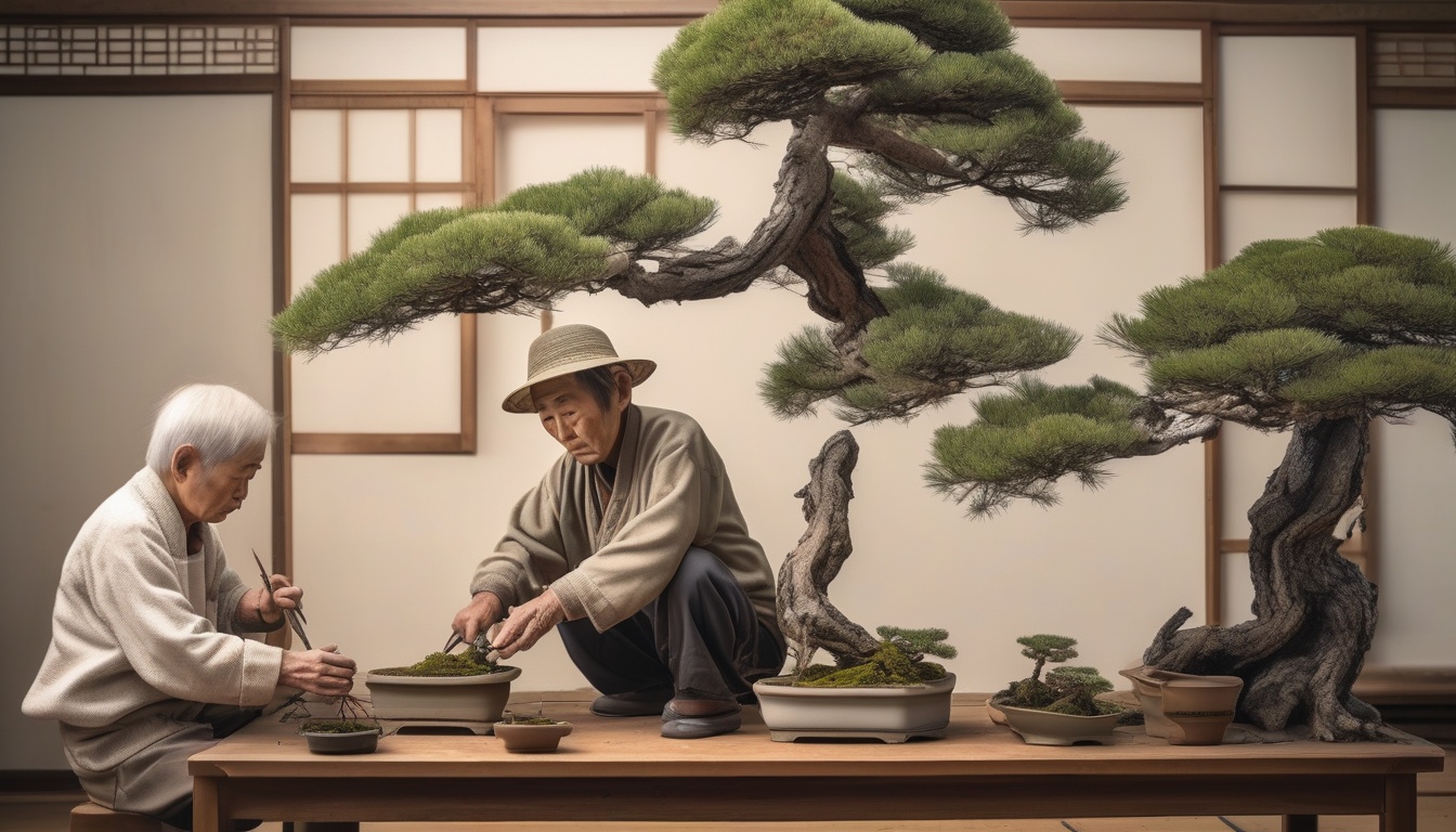 生成り地に深緑の格子が静かに重なるイメージ。世代を超えて受け継がれる盆栽職人の技能と育成の積み重ねを象徴する抽象アート