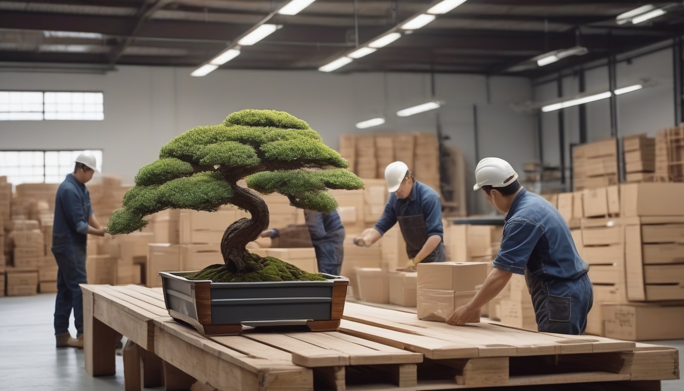 深緑の地から苔色の光条が放射状に伸びるイメージ。植物検疫から輸送まで段階を踏んで進む盆栽輸出の実務プロセスを象徴する抽象アート