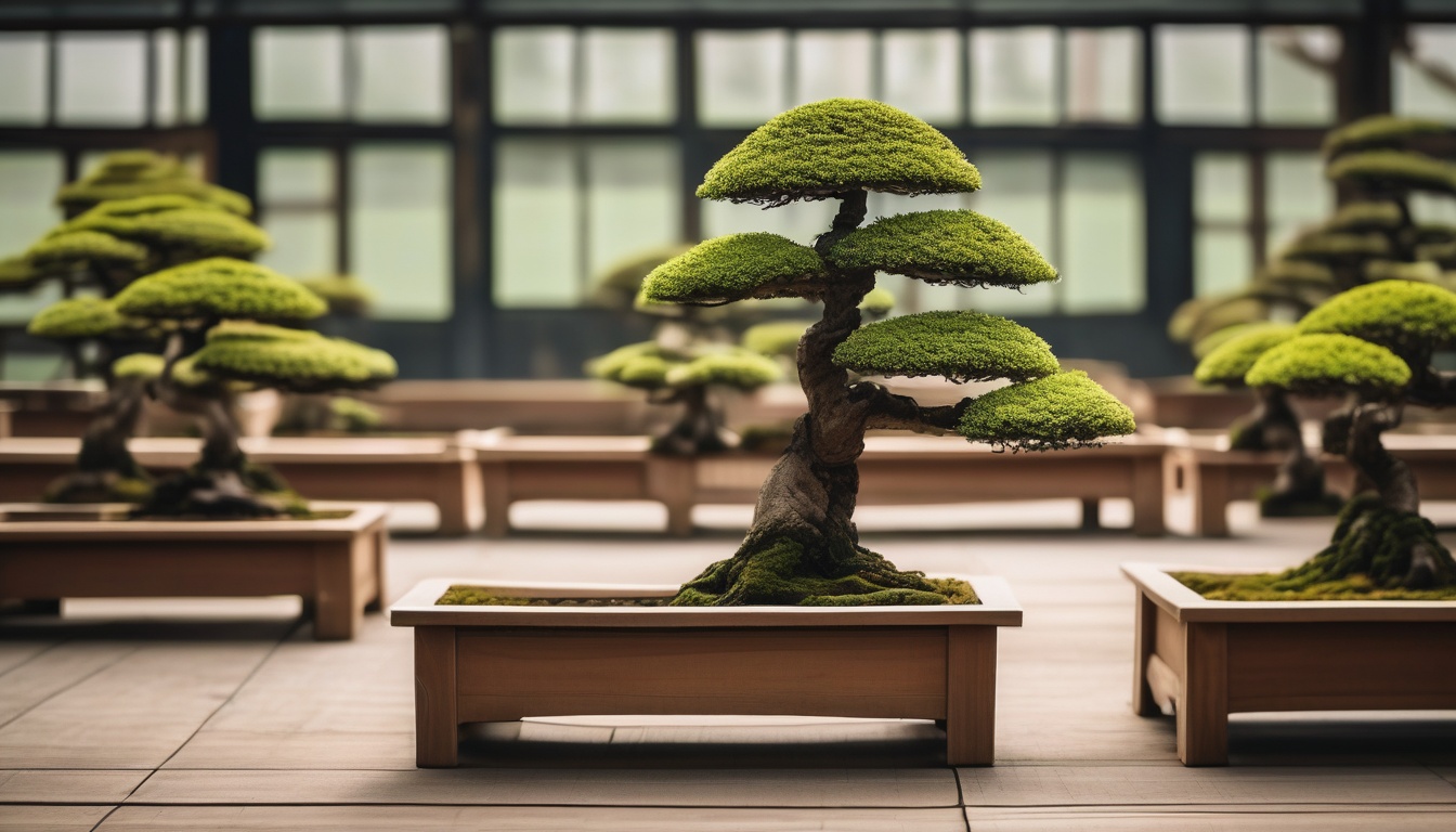 深緑から苔色へと連なる稜線のイメージ。盆栽・植木輸出額が右肩上がりに推移する市場の成長曲線を象徴する抽象アート